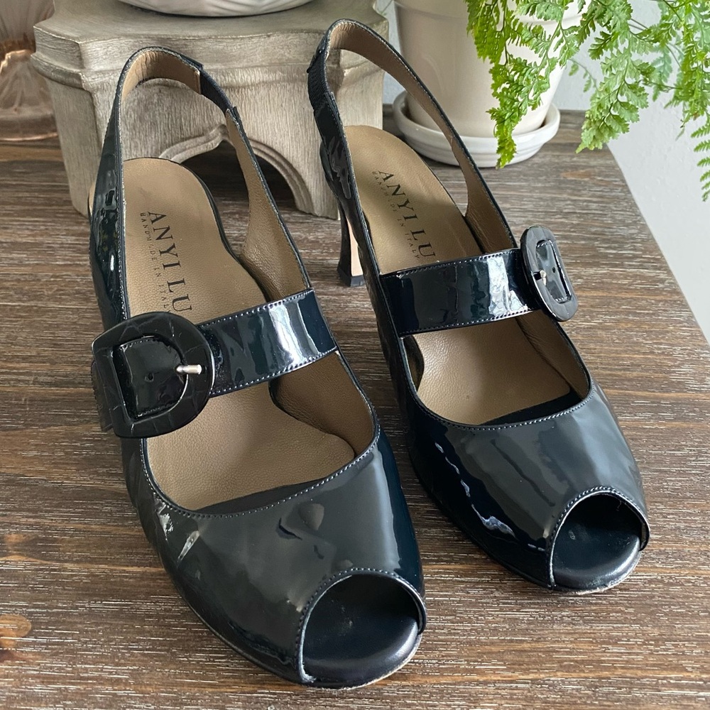 Anyi Lu Tulip Mary Jane Patent Leather Slingback Heels Pumps Navy Blue 39 / 8.5 - Picture 4 of 16